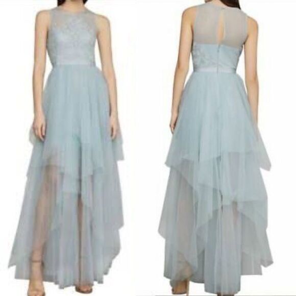 BCBGMAXAZRIA Sleeveless Embroidered Tulle Evening Gown Maxi Dress Light Blue - Picture 2 of 8